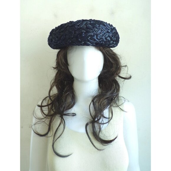 Vintage 60s Straw Hat Navy Blue Round 1960s Fascinator Cap Ribbon Bow Front Brim - Picture 2 of 10
